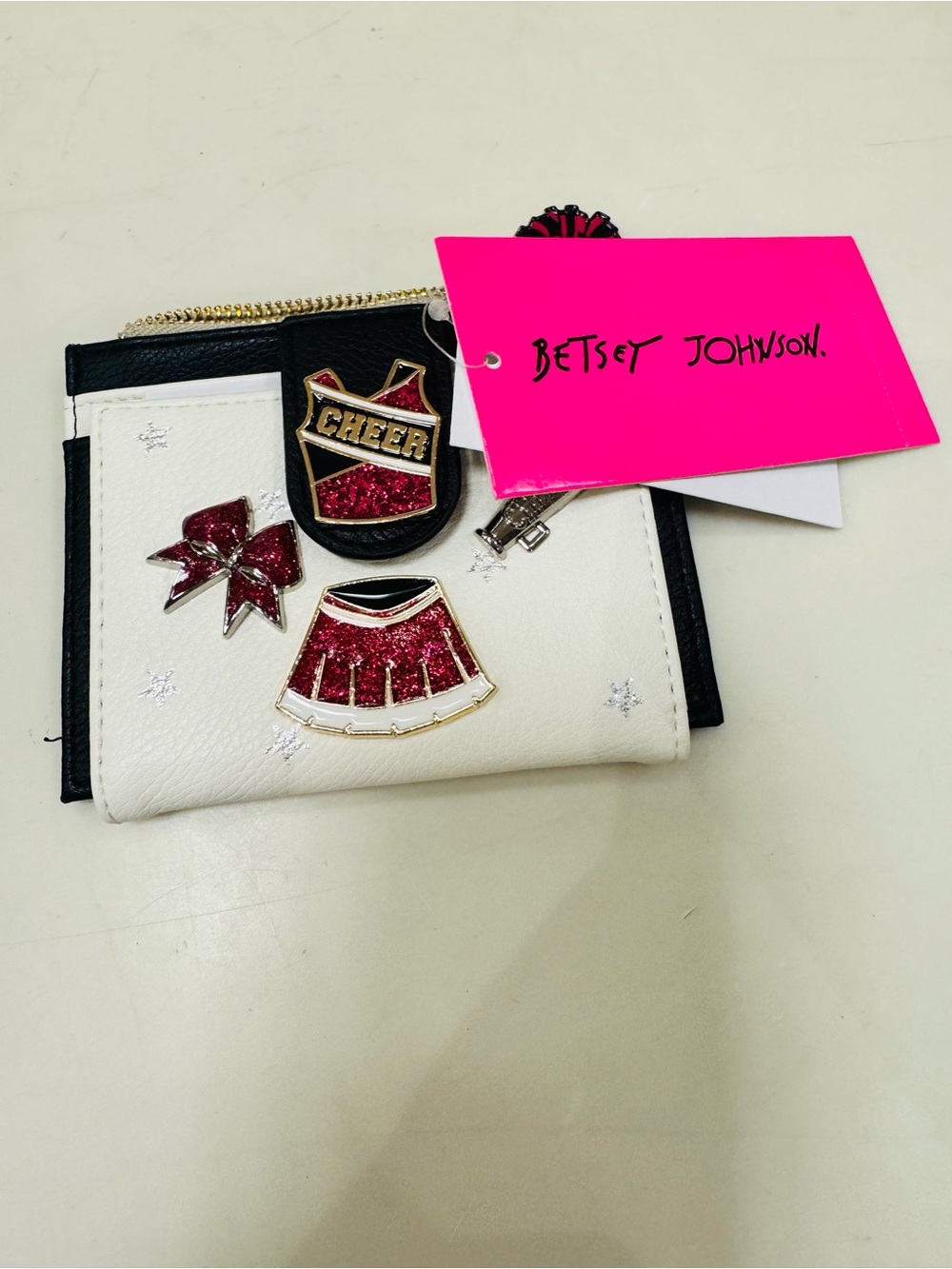 Betsey Johnson White Wallet with Black Trim and Pink Glitter Cheer Accents